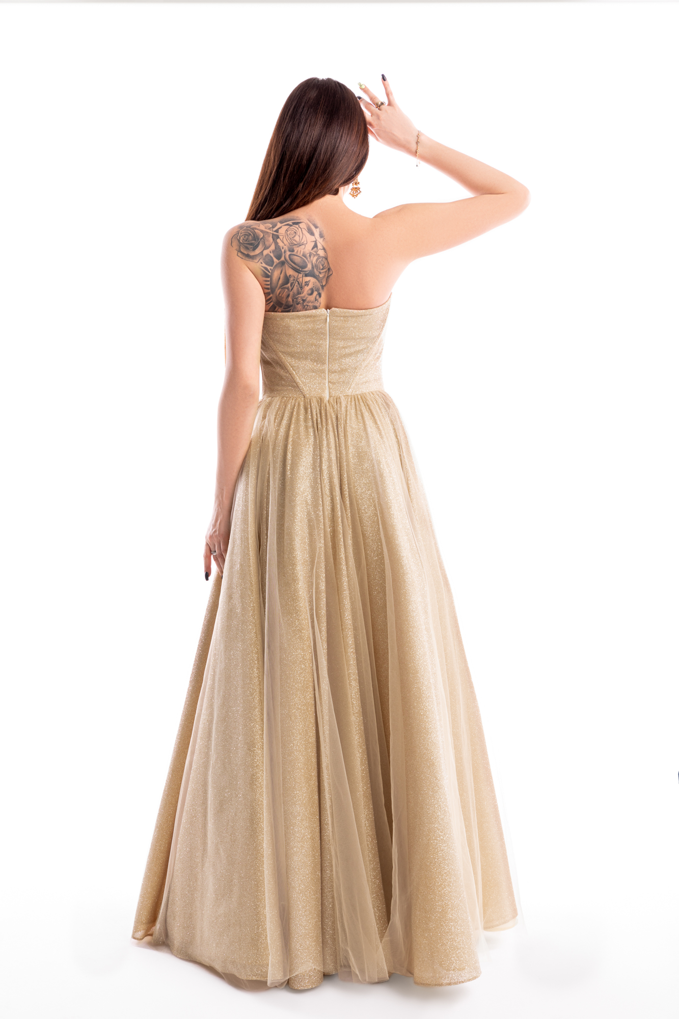 Długa, gorsetowa suknia z brokatowej tkaniny – QUEEN - Suknie wieczorowe
